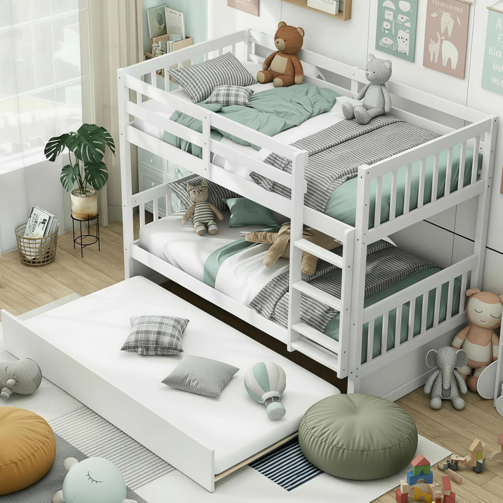KOMFOTT Wood Twin Over Twin Bunk Bed with Trundle, Solid Pine Wood Bunk Bed Frame with Ladder & Safety Guardrails, Space-Saving Convertible Twin Bed Frame for Home & Dormitory, No Box Spring Needed