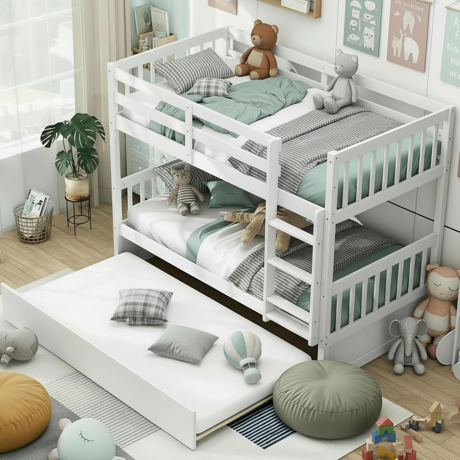KOMFOTT Wood Twin Over Twin Bunk Bed with Trundle, Solid Pine Wood Bunk Bed Frame with Ladder & Safety Guardrails, Space-Saving Convertible Twin Bed Frame for Home & Dormitory, No Box Spring Needed