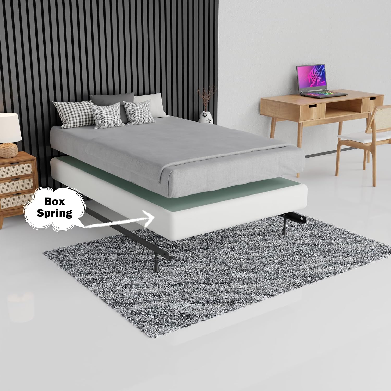 Spring Coil, 8-Inch Sturdy Wood Box Spring for Mattress Support - Durable and Easy to Assemble Natural Wood Foundation for Full XL, White