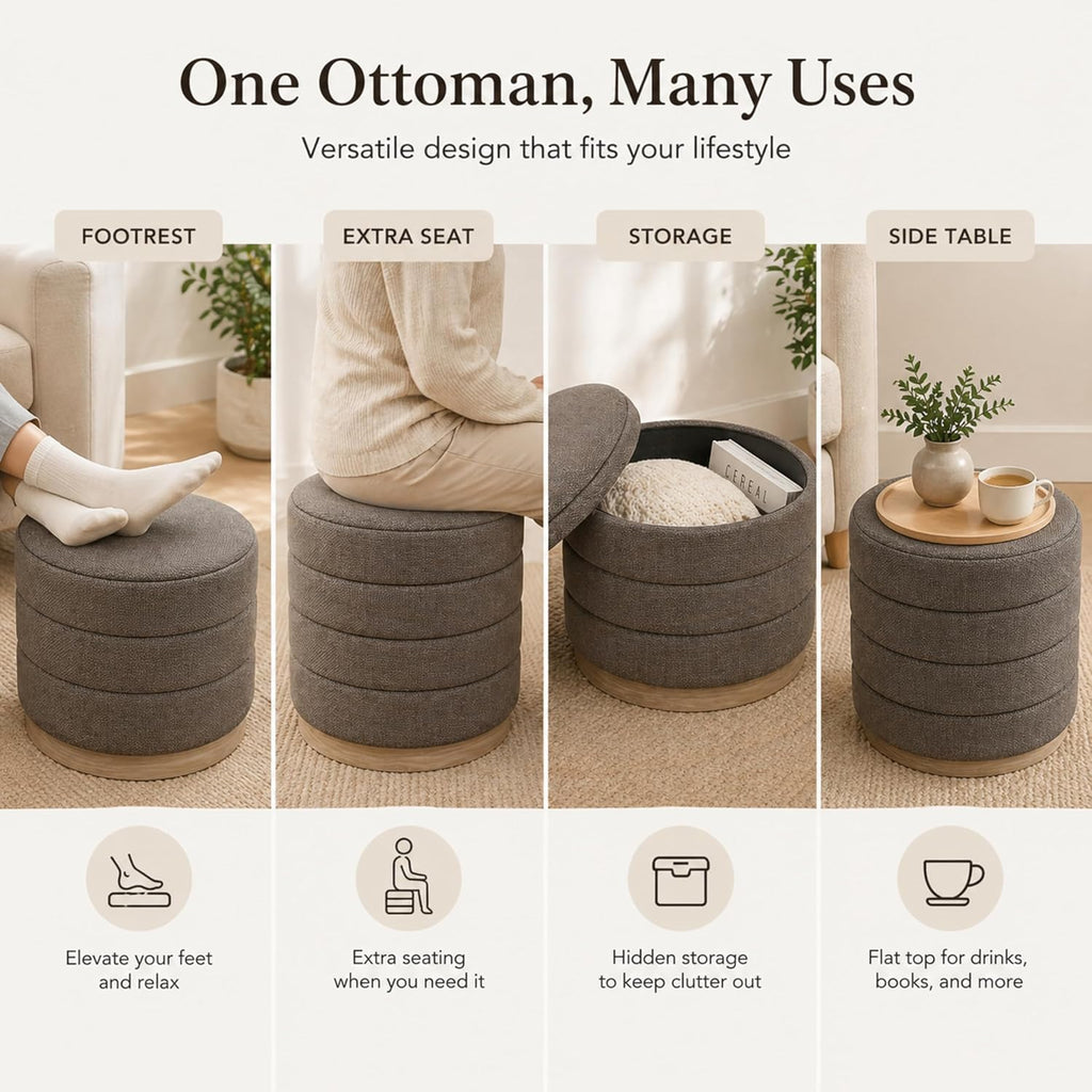 Ottoman Collection Stylish Linen Cylinder Storage Tan Round Footrest Vanity Stool Furniture Living Room Small Bench 16' L X16 W X 17' H