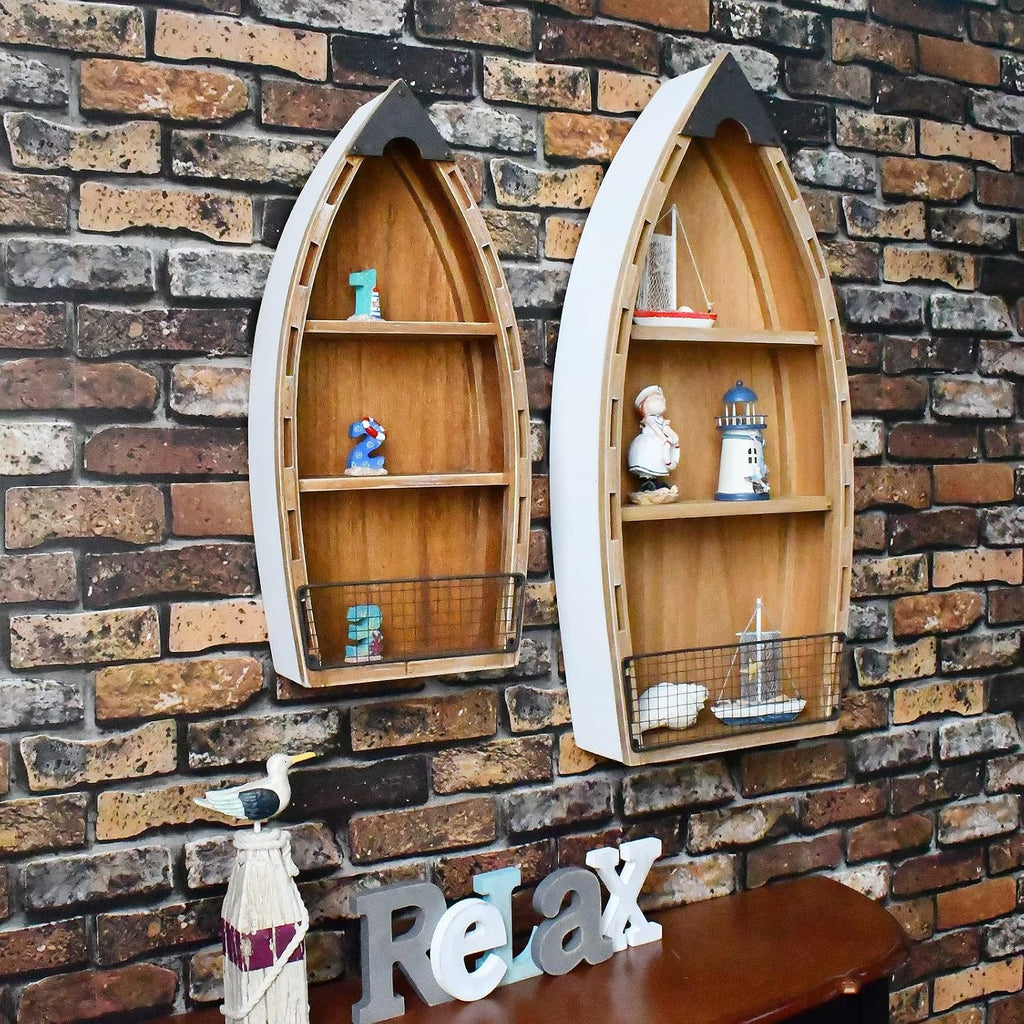 Morning View 2-Pack Wooden Boat Shelves, Nautical Decor, Wall Hanging Decor, 2 Removable Shelves, 23.5 & 31.4 Inch, White