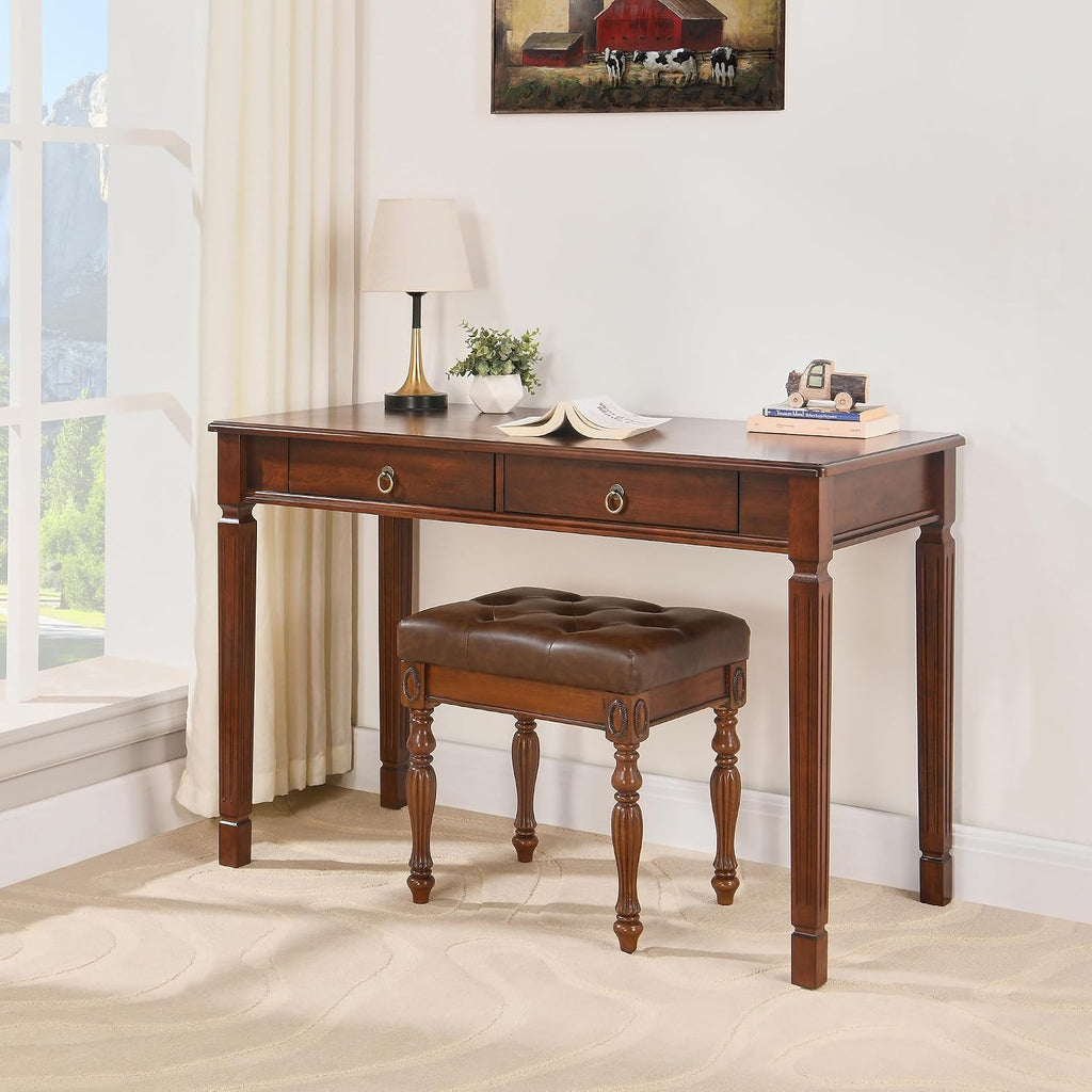 Solid Wood Vanity Bench Stool with Upholstered, Mid-Century Piano Bench with Carved Legs, Makeup Dressing Stools with Button Seat, No-Tools Assembly,18.5'L x 14.2'W x 19.1'H Brown FD-1533-BN
