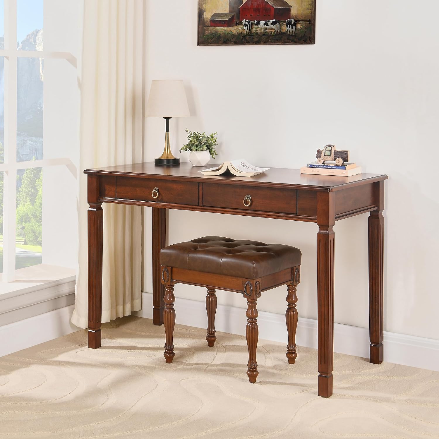 Solid Wood Vanity Bench Stool with Upholstered, Mid-Century Piano Bench with Carved Legs, Makeup Dressing Stools with Button Seat, No-Tools Assembly,18.5'L x 14.2'W x 19.1'H Brown FD-1533-BN