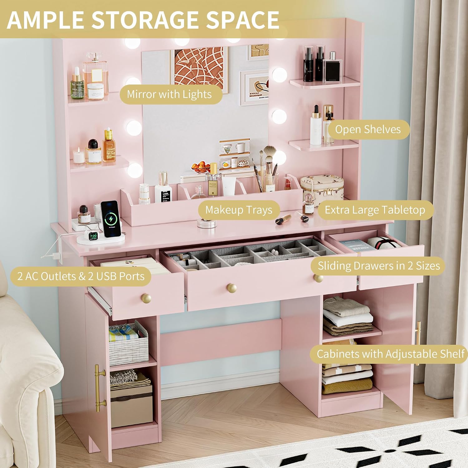 Vanity Desk with Mirror and Lights, 43'' Makeup Dressing Table Set with 5 Drawers & Power Outlet, 3 Lighting Modes Brightness Adjustable, Vanity with RGB Ambient Light for Women Girls Bedroom, Pink
