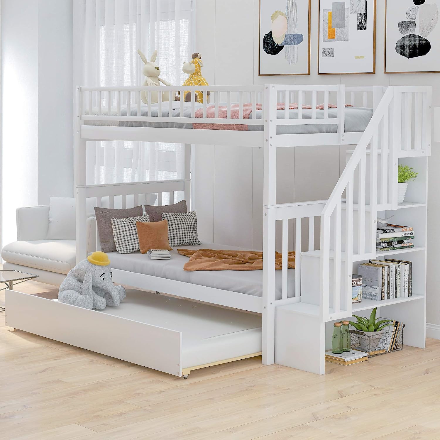 Solid Wood Twin Over Twin Bunk Bed with Trundle, Staircase, 4 Storage Shelves and Guard Rail, Can be Split Into 3 Separate Beds, No Box Spring Needed (White+3 Bed)