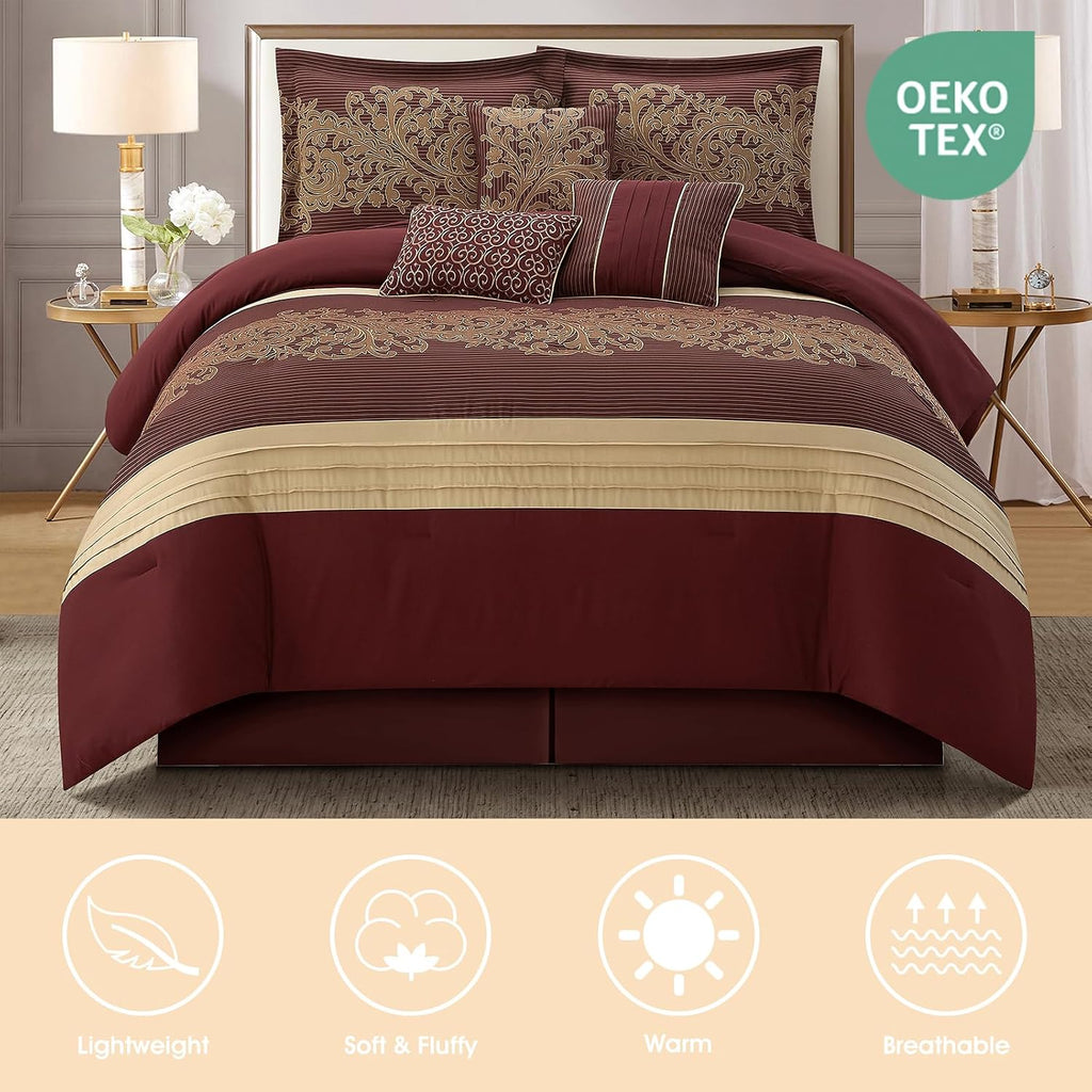 LANCO MODERN LIFESTYLE Red Gold Comforter Set, Queen, Damask Jacquard with Matching Solid Piece Work, 7 Piece Soft Bedding Set for All Season, Bed Skirt, Pillow Shams and Decorative Pillows
