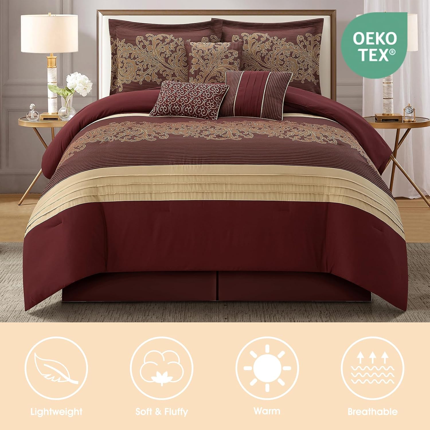 LANCO MODERN LIFESTYLE Red Gold Comforter Set, Queen, Damask Jacquard with Matching Solid Piece Work, 7 Piece Soft Bedding Set for All Season, Bed Skirt, Pillow Shams and Decorative Pillows