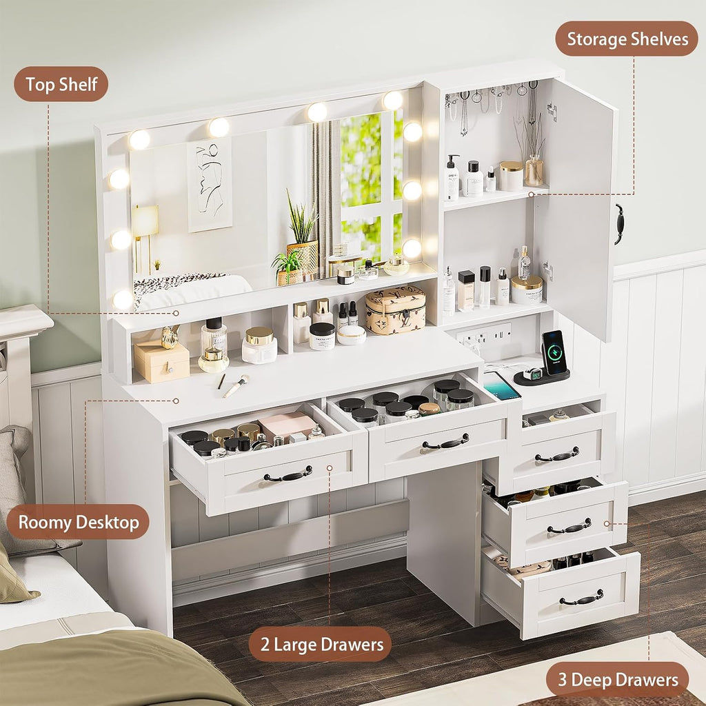 Farmhouse Makeup Vanity with Lighted Mirror, 45.3'' Vanity Desk with Charging Station, 5 Drawers & Open Shelves, Vanity Table Makeup Desk with 1 Cabinet & 9 Hooks for Bedroom (White)
