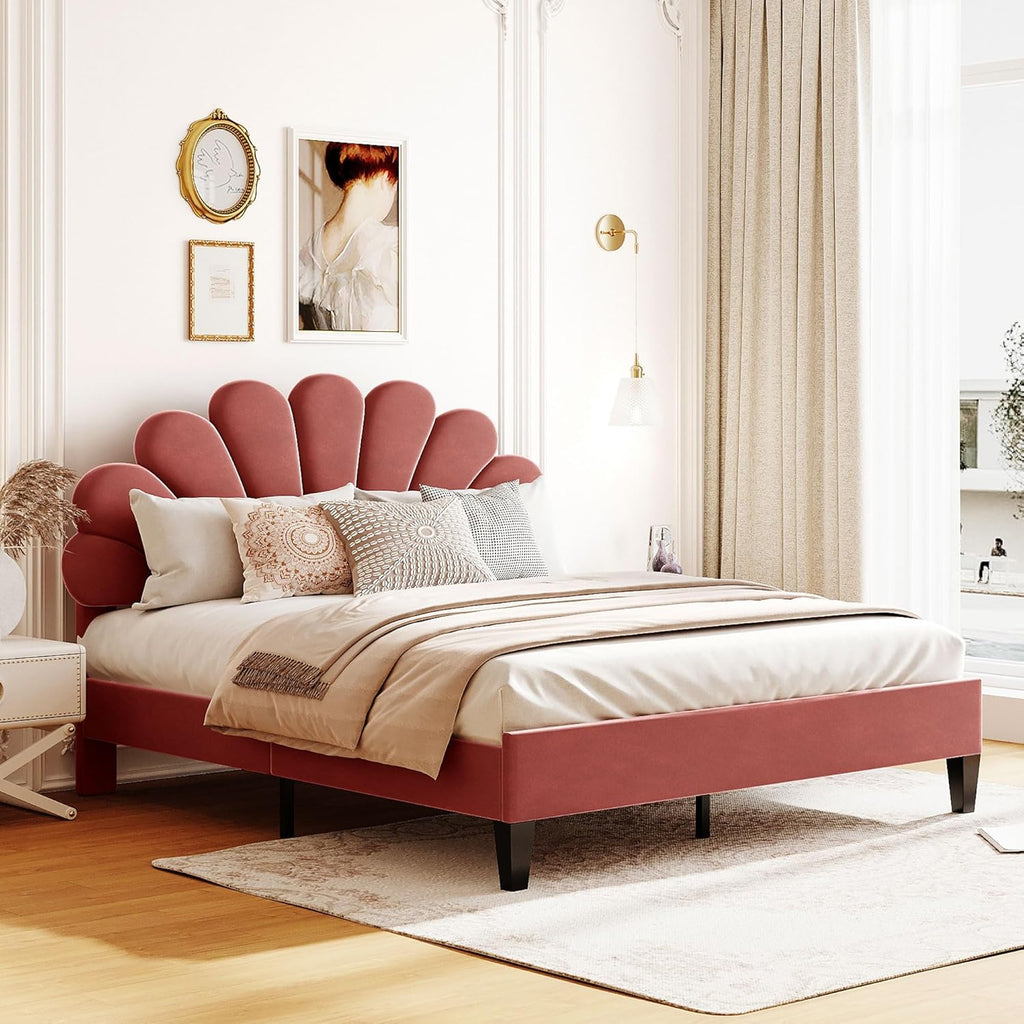 Harper & Bright Designs Queen Size Upholstered Platform Bed with Flower Pattern Velvet Headboard, Bean Paste Red