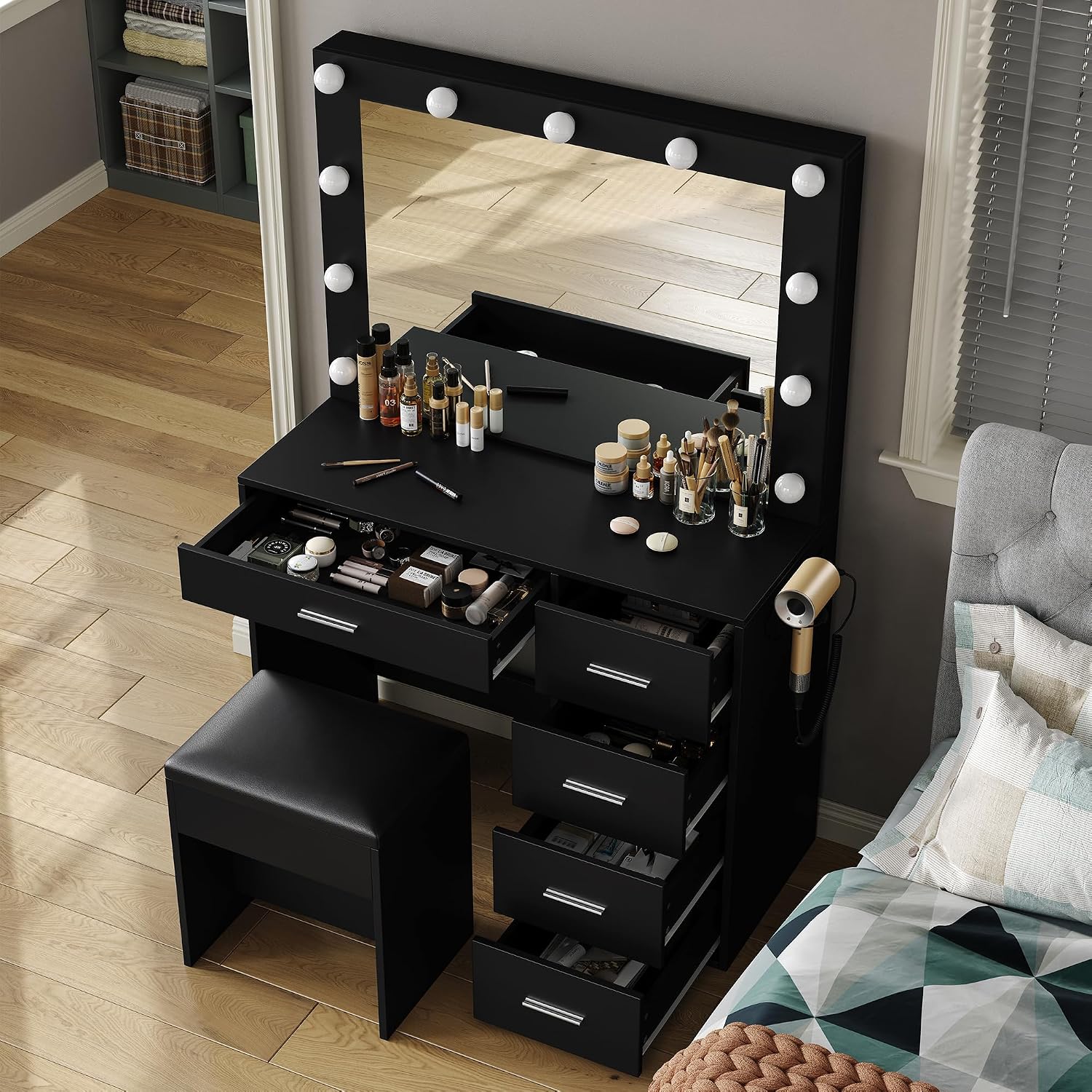 FUSOU Vanity Desk with Power Outlet, 37''W Make Up Vanity with Lighting Mirror, 3 Lighting Modes Adjustable, 5 Drawers Dressing Table for Bedroom, Dressing Room, Live Broadcast Room, Black