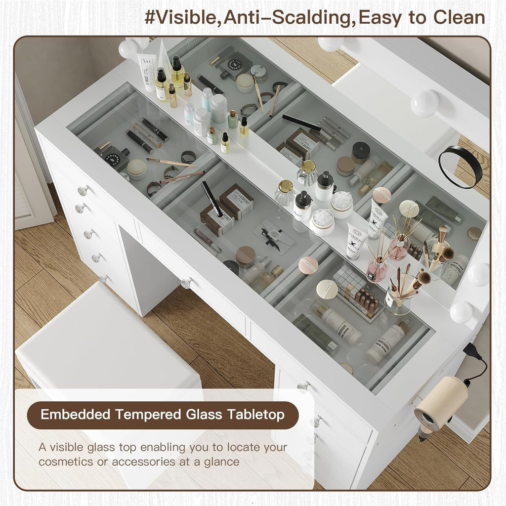 FUSOU Vanity Desk with Power Outlet, Makeup Vanity with Mirror and 12 LED Lights, 3 Lighting Modes,11 Drawers Vanity Table with Chair, Glass Top, Dressing Table for Bedroom,Dressing Room, White