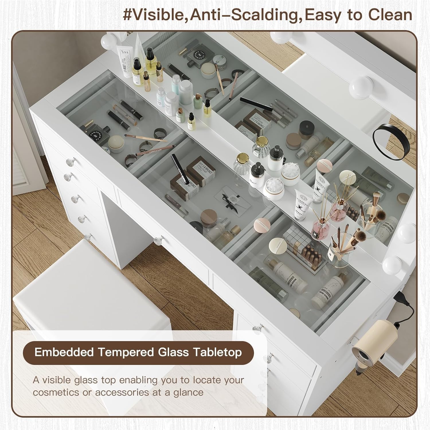 FUSOU Vanity Desk with Power Outlet, Makeup Vanity with Mirror and 12 LED Lights, 3 Lighting Modes,11 Drawers Vanity Table with Chair, Glass Top, Dressing Table for Bedroom,Dressing Room, White