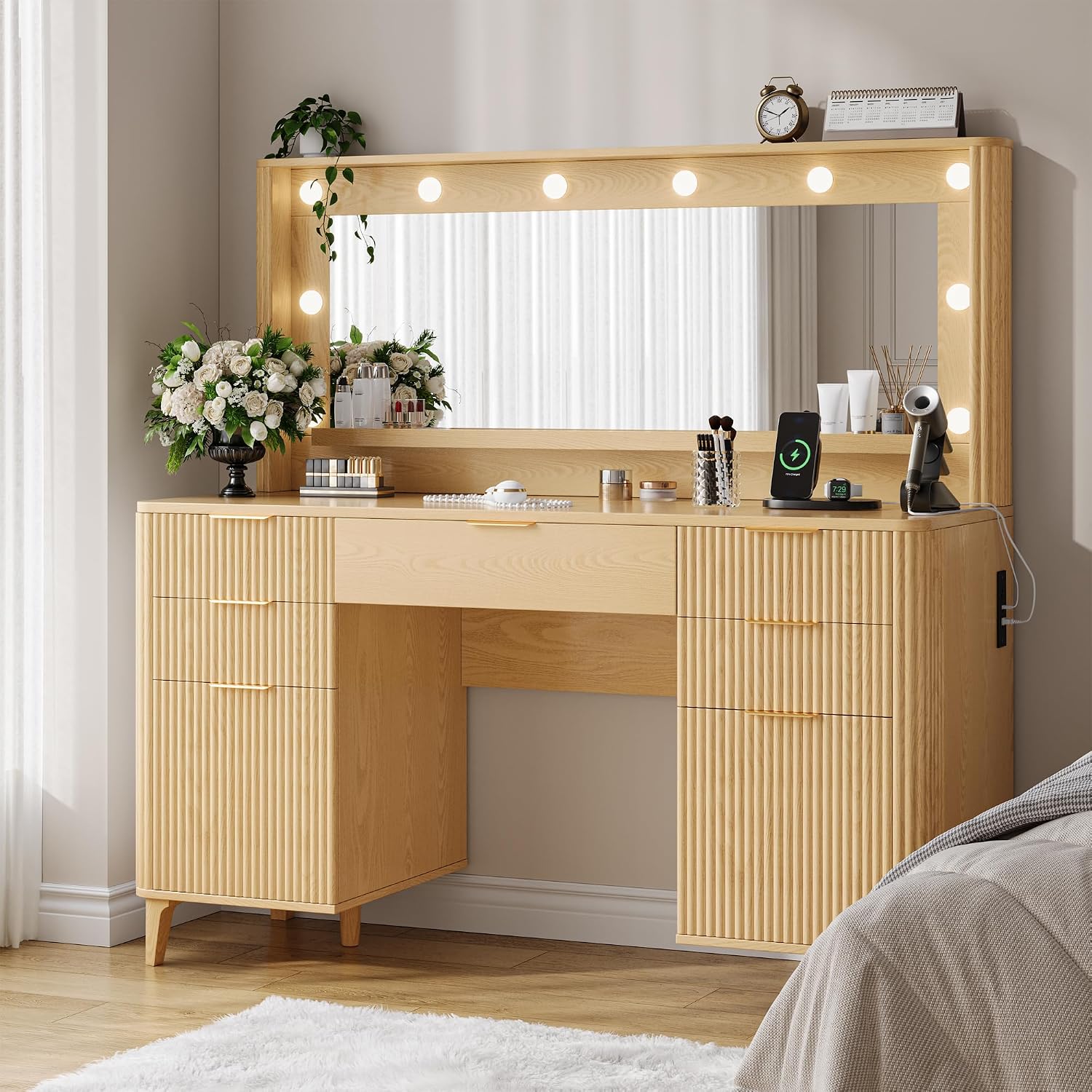 Fluted Makeup Vanity Desk with Large 39.3' Mirror and Lights, 48.8' Wood Vanity, Large Vanity Dressing Table, Modern Wooden Vanity Table for Women and Girls, Bedroom or Dorm (Nature)