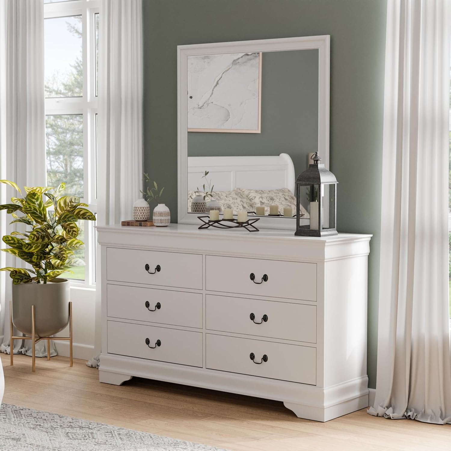 Furniture of America Arabella Traditional Solid Wood 5 Piece Bedroom Set with King Bed Frame, Nightstands, Dresser with Mirror, Storage and Organization, Bedframe Box Spring Needed, White