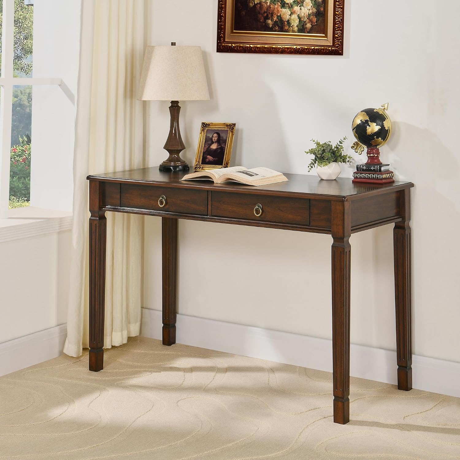 Solid Wood Makeup Vanity Table Set, 46.1' Large Dressing Vanity Table with 2 Drawers and Vanity Bench Stool Writing Desk with Solid Wood Legs & Button Tufted Cushioned Stool, Cherry&Beige