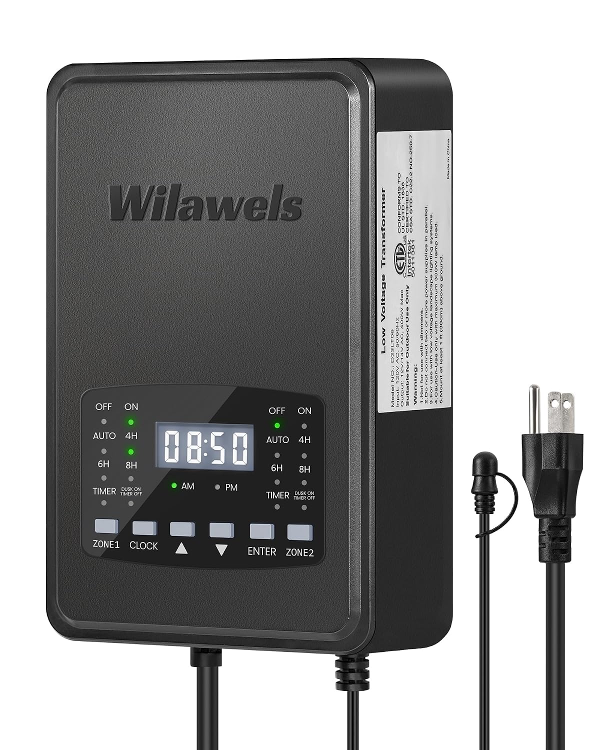 400W Low Voltage Landscape Transformer, 2 Zone Independent Control Landscape Lighting Transformer, 120VAC to 12/14V AC Low Voltage Transformer with Timer & Photocell Sensor ETL Listed D23LT06