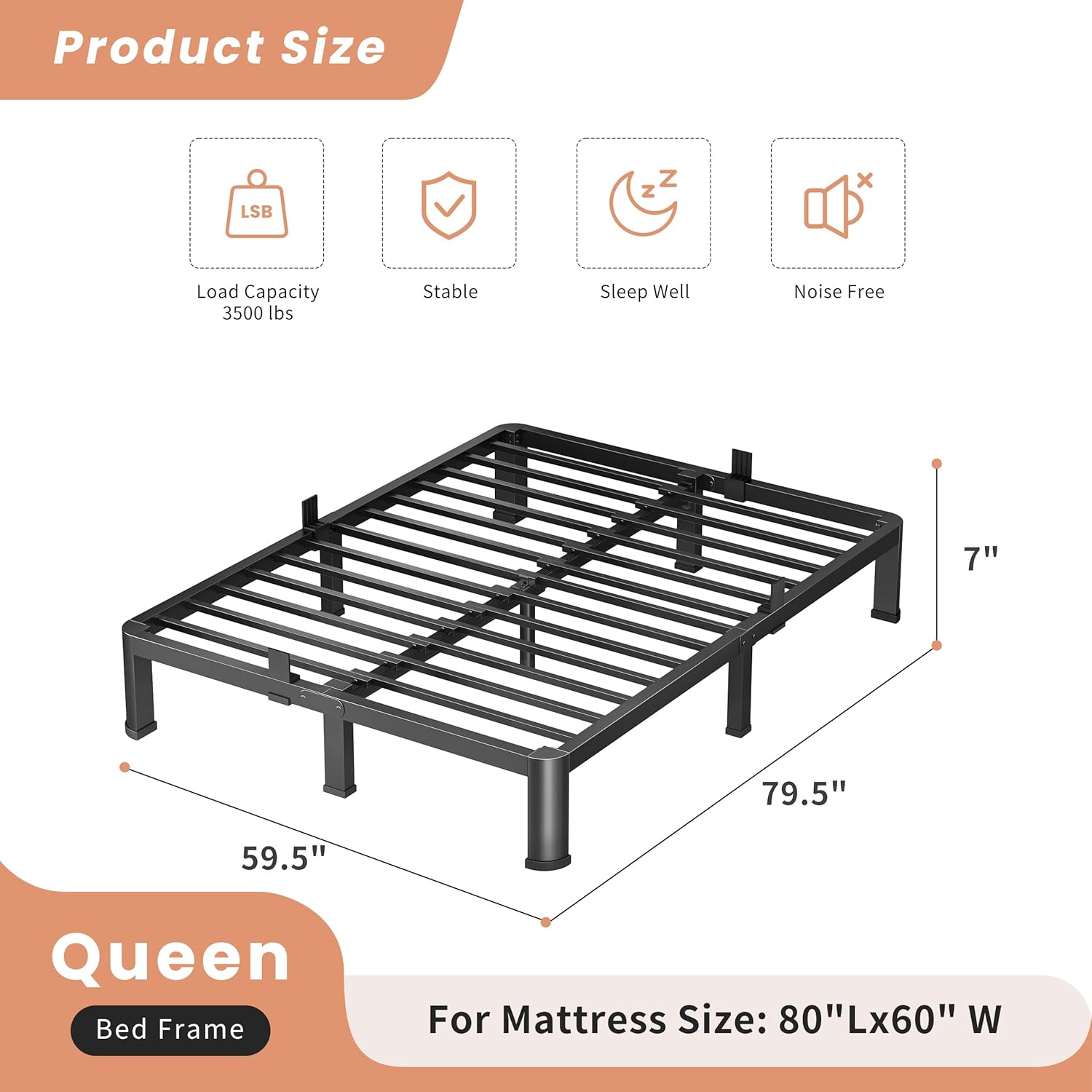 VIPSHOW 10 Inch Queen Heavy Duty 3500 lbs Bed Frame with Round-Corner Legs & Anti-Squeak Design – Quick Assembly Metal Platform, No Box Spring Needed
