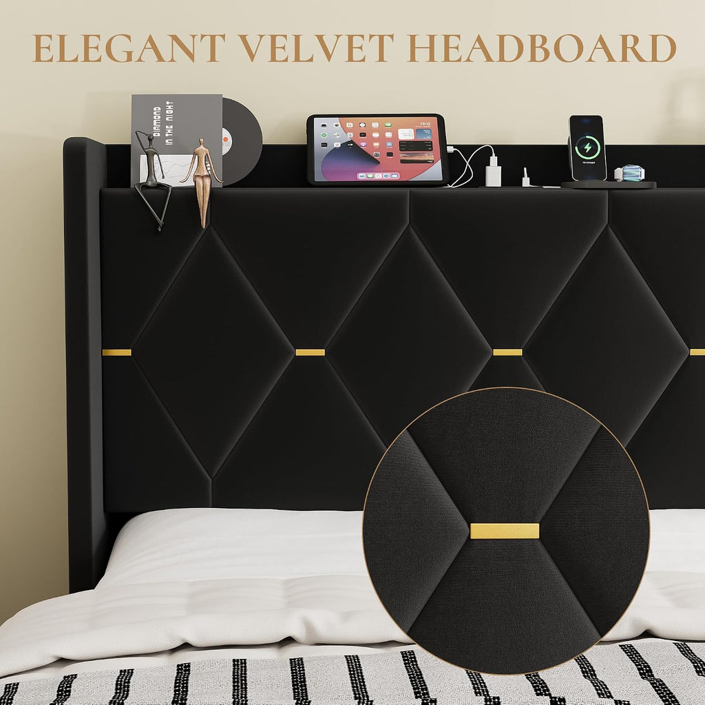 SHA CERLIN King Size Velvet Upholstered Bed Frame with Charging Station, Modern Wingback Storage Headboard, Diamond Stitched & Gold Trim, No Box Spring Needed, Easy Assembly, Black