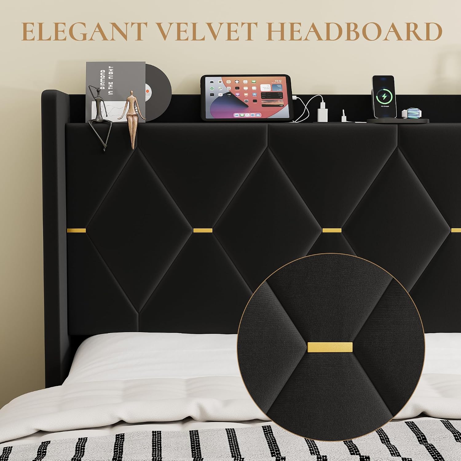 SHA CERLIN King Size Velvet Upholstered Bed Frame with Charging Station, Modern Wingback Storage Headboard, Diamond Stitched & Gold Trim, No Box Spring Needed, Easy Assembly, Black