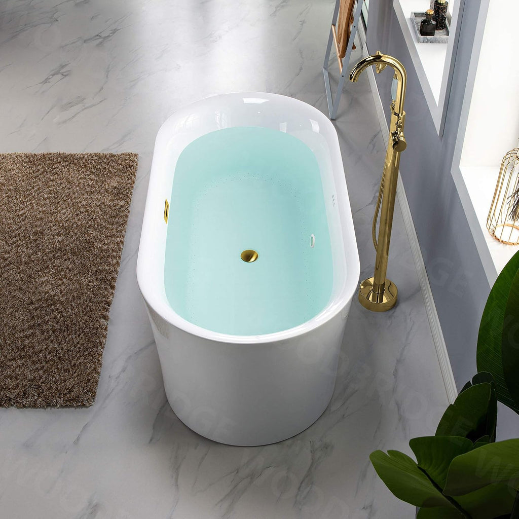 WOODBRIDGE 67' Acrylic Freestanding Bathtub Contemporary Soaking White Tub with Brushed Gold Overflow and Drain，B0101 -BG-Drain &O