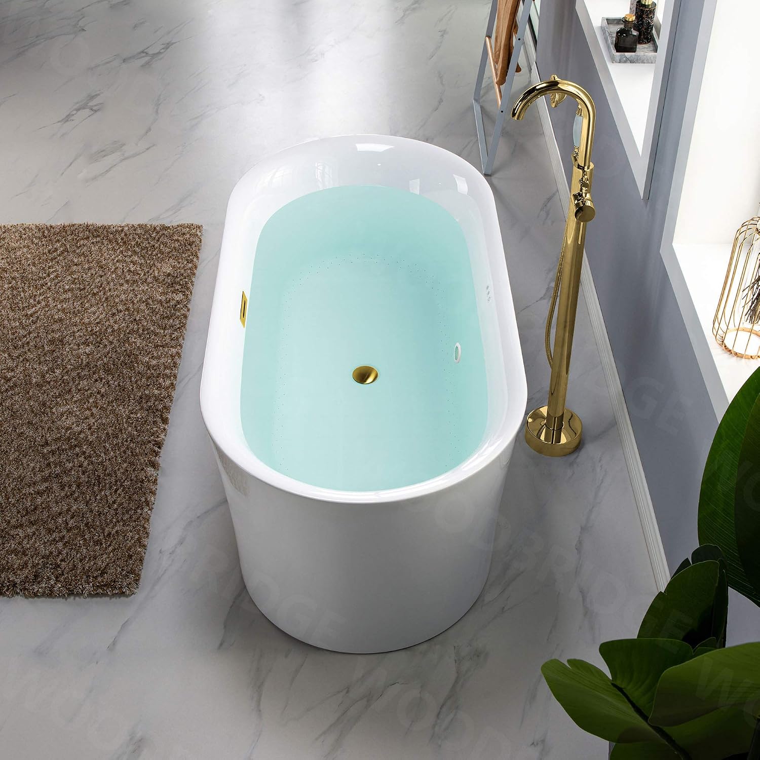 WOODBRIDGE 67' Acrylic Freestanding Bathtub Contemporary Soaking White Tub with Brushed Gold Overflow and Drain，B0101 -BG-Drain &O