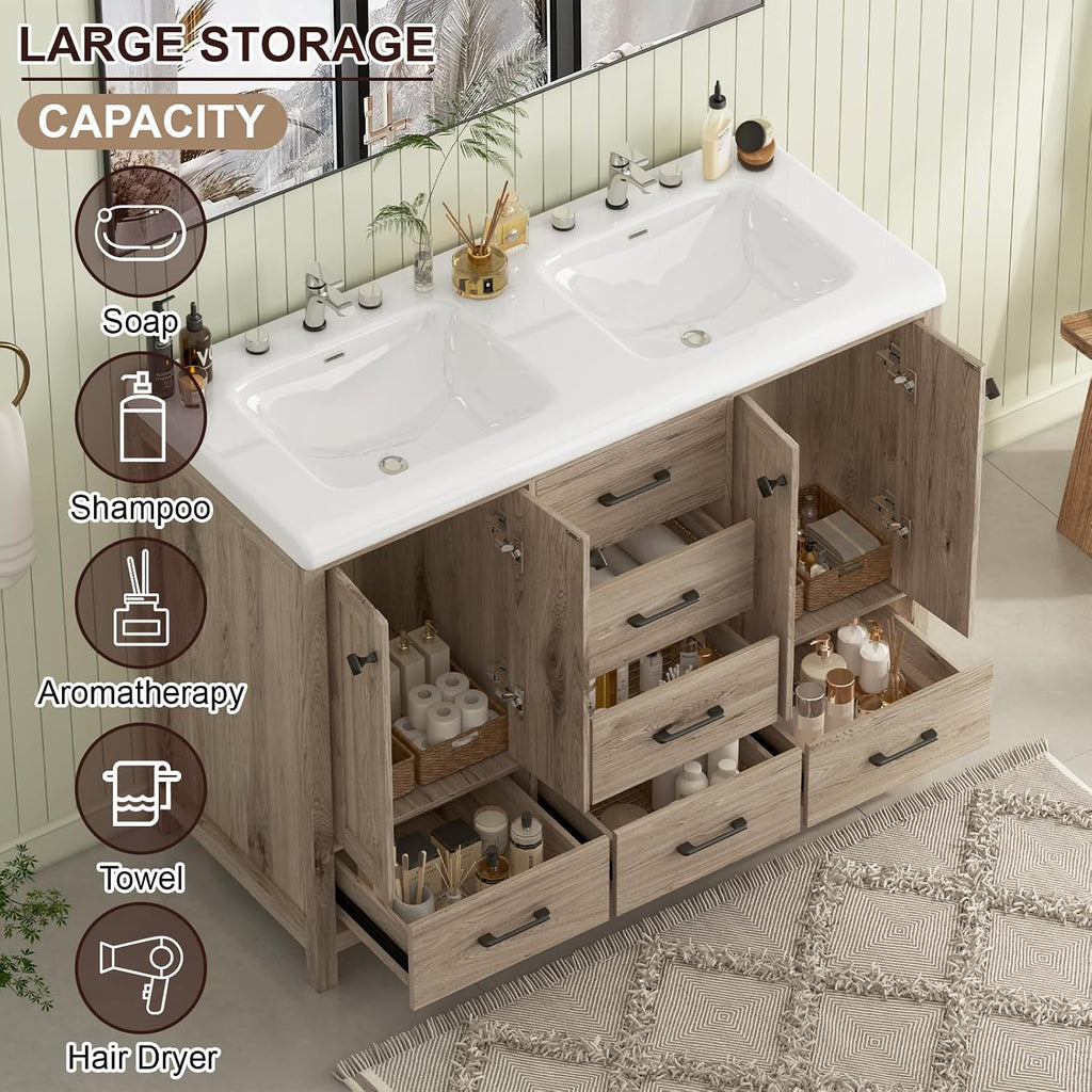 Bathroom Vanity with Sink Combo, 48' Modern Bathroom Storage Cabinet with Double Sink Ceramic, 4 Doors and 5 Drawers, Space-Saving Storage Cabinet, Light Gray Wood