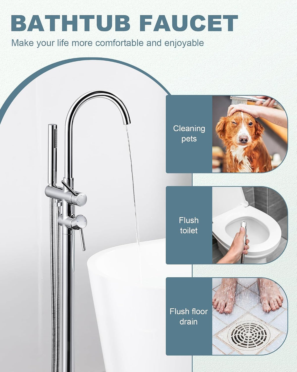 Freestanding Tub Filler Faucet Chrome: High Flow Brass Floor Mount Bathtub Filler, Swivel Gooseneck Spout with Single Handheld Sprayer for Bath Shower