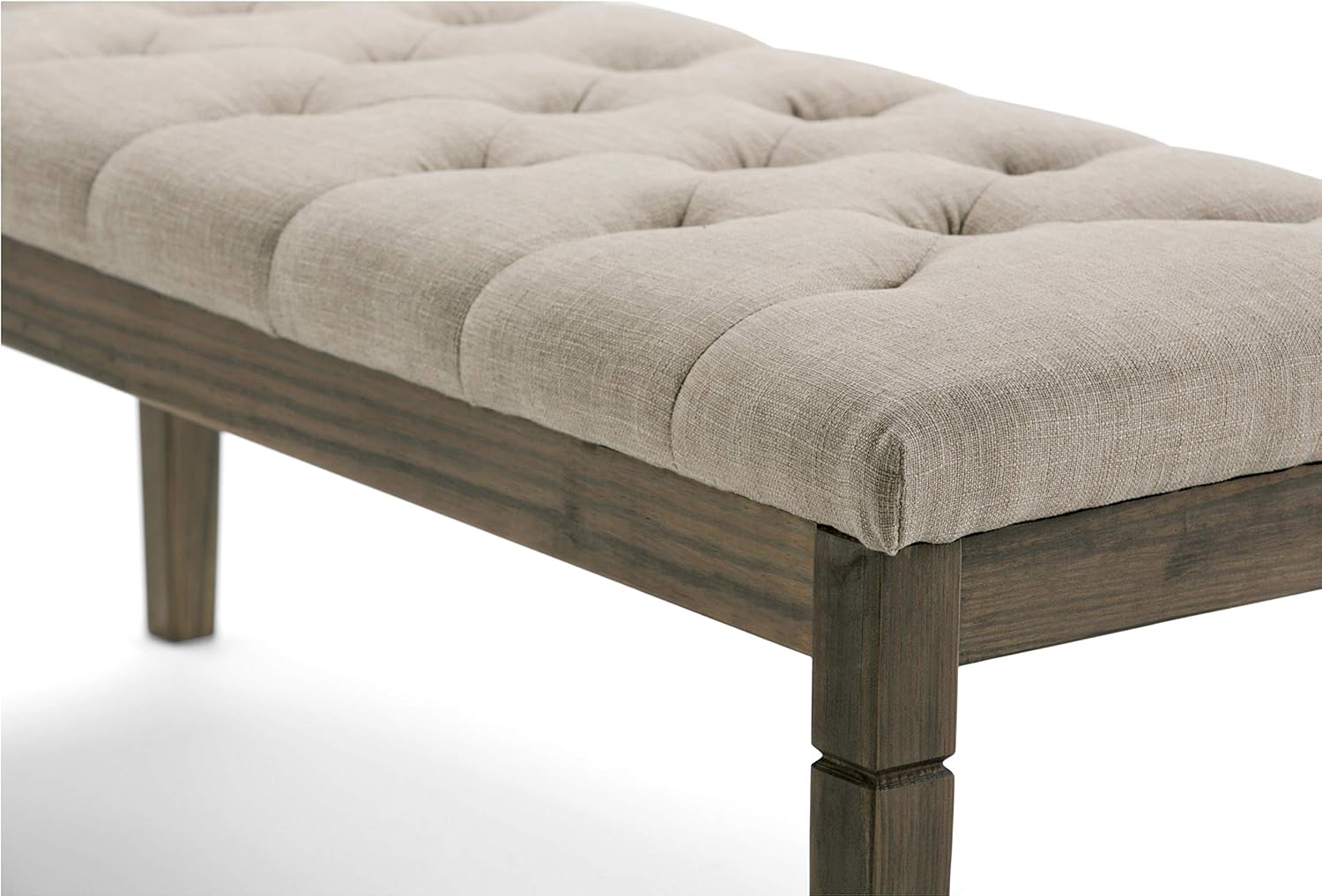 SIMPLIHOME Waverly Tufted Ottoman Bench - 48 inch Wide Upholstered Linen Look Fabric Rectangle Footstool Ottoman in Natural, Traditional Bench for Bedroom, Entryway or Living Room with Carved Legs