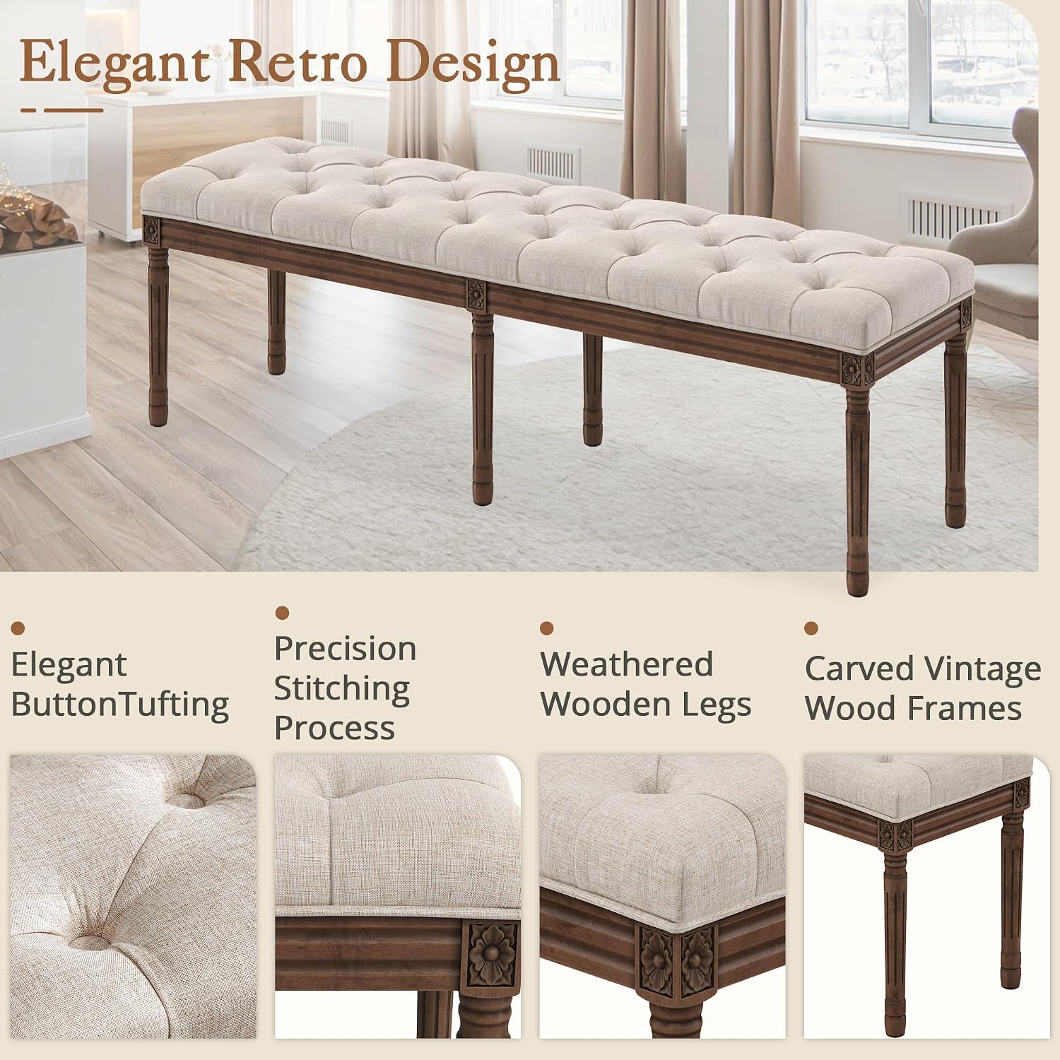 LUE BONA 60' Fabric End of Bed Bench, Upholstered Tufted French Bedroom Bench with Carved Dark Brown Legs for Bedroom End of King Size Bed, Living Room, Linen