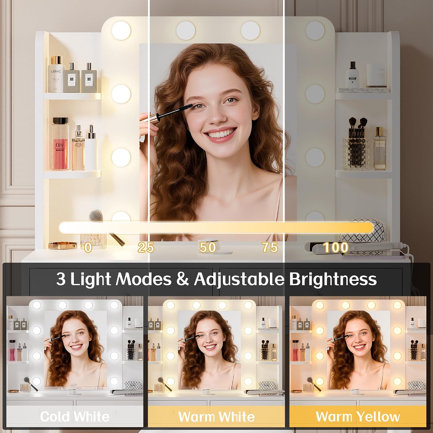 Haewon White Vanity Desk with Mirror and Lights, Makeup Vanity with 10 LED Bulbs and 3 Color Modes, Dressing Table Set with Power Outlets, Storage Drawers and Chair for Bedroom