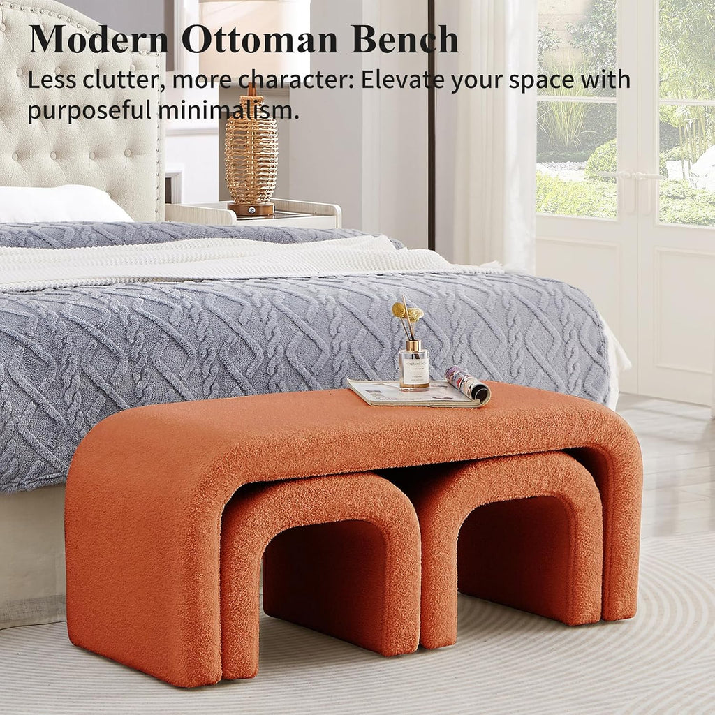 3-Piece Modern Ottoman Bench Set, 44' Wide Teddy Upholstered End of Bed Bench with 2 Foot Stools, Padded U-Shaped Entry Bench Vanity Stool for Living Room Bedroom (Orange)