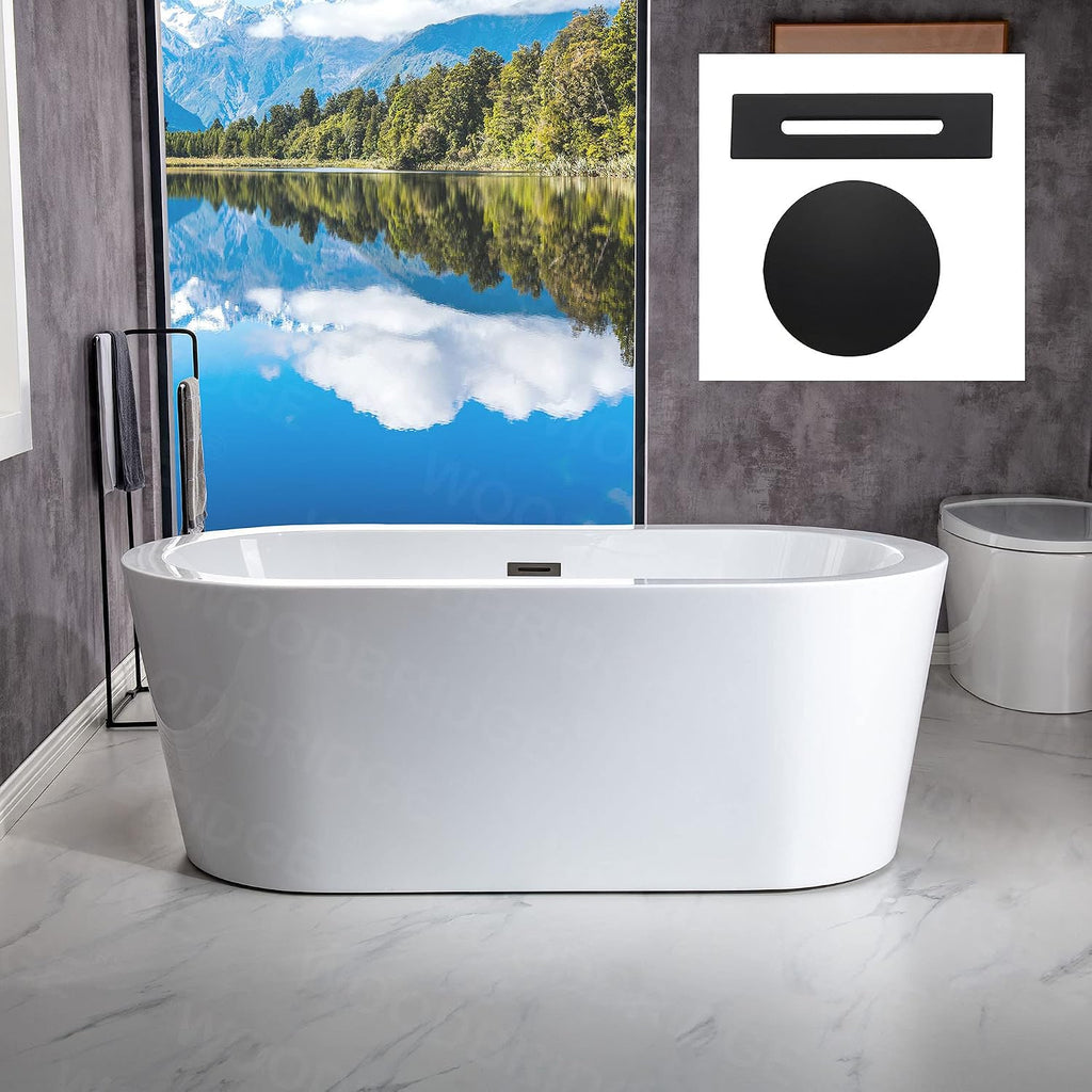 WOODBRIDGE 59' Acrylic Freestanding Bathtub Contemporary Soaking White Tub with Matte Black Overflow and Drain,B0012 -MB-Drain &O