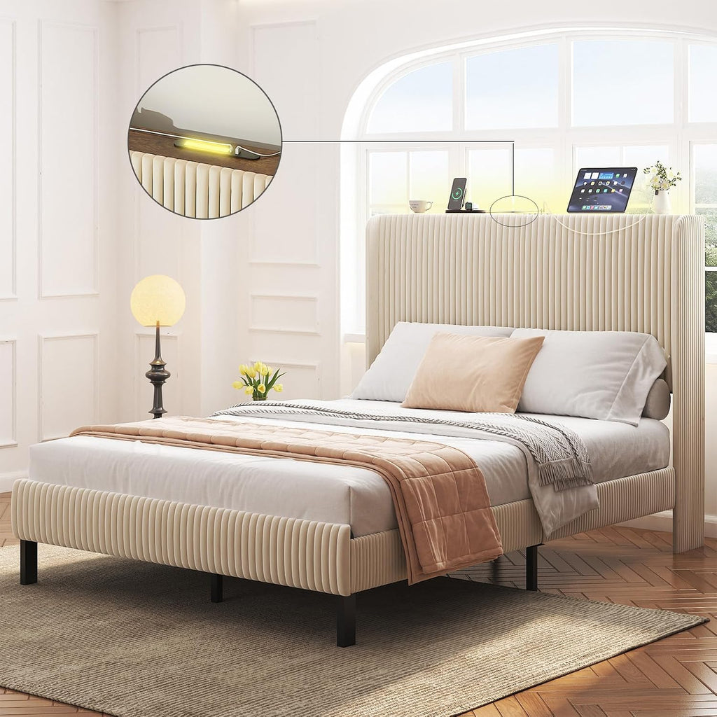 Zevemomo Queen Size Bed Frame with Headboard, Velvet Wingback Storage Headboard, Queen Platform Bed Frames with Charging Station & LED Light, Underbed Storage Space, Beige