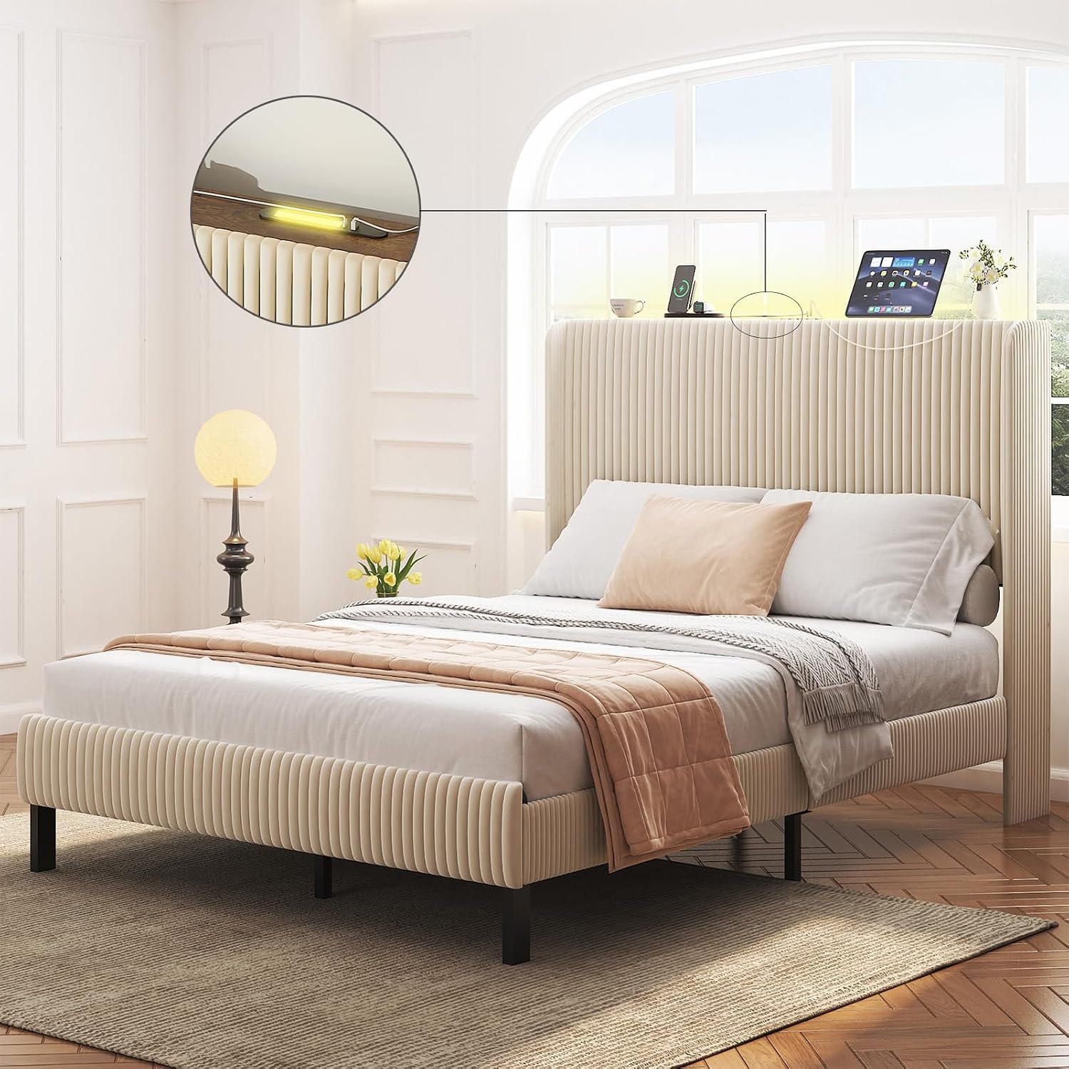 Zevemomo Queen Size Bed Frame with Headboard, Velvet Wingback Storage Headboard, Queen Platform Bed Frames with Charging Station & LED Light, Underbed Storage Space, Beige
