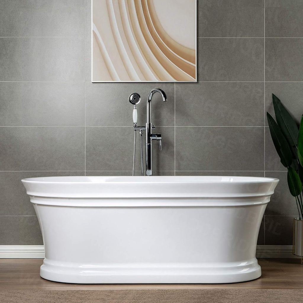 WOODBRIDGE 59'Freestanding White Acylic Soaking Bathtub with White Pillow,Drain and Overflow inChrome,BTA1536 -C-Drain &O+ Pillow