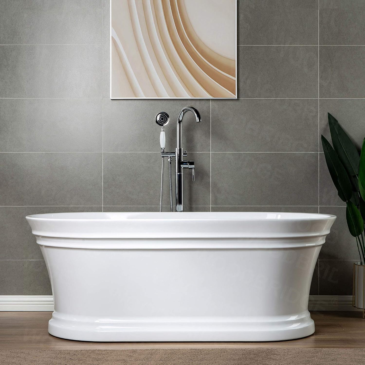WOODBRIDGE 59'Freestanding White Acylic Soaking Bathtub with White Pillow,Drain and Overflow inChrome,BTA1536 -C-Drain &O+ Pillow