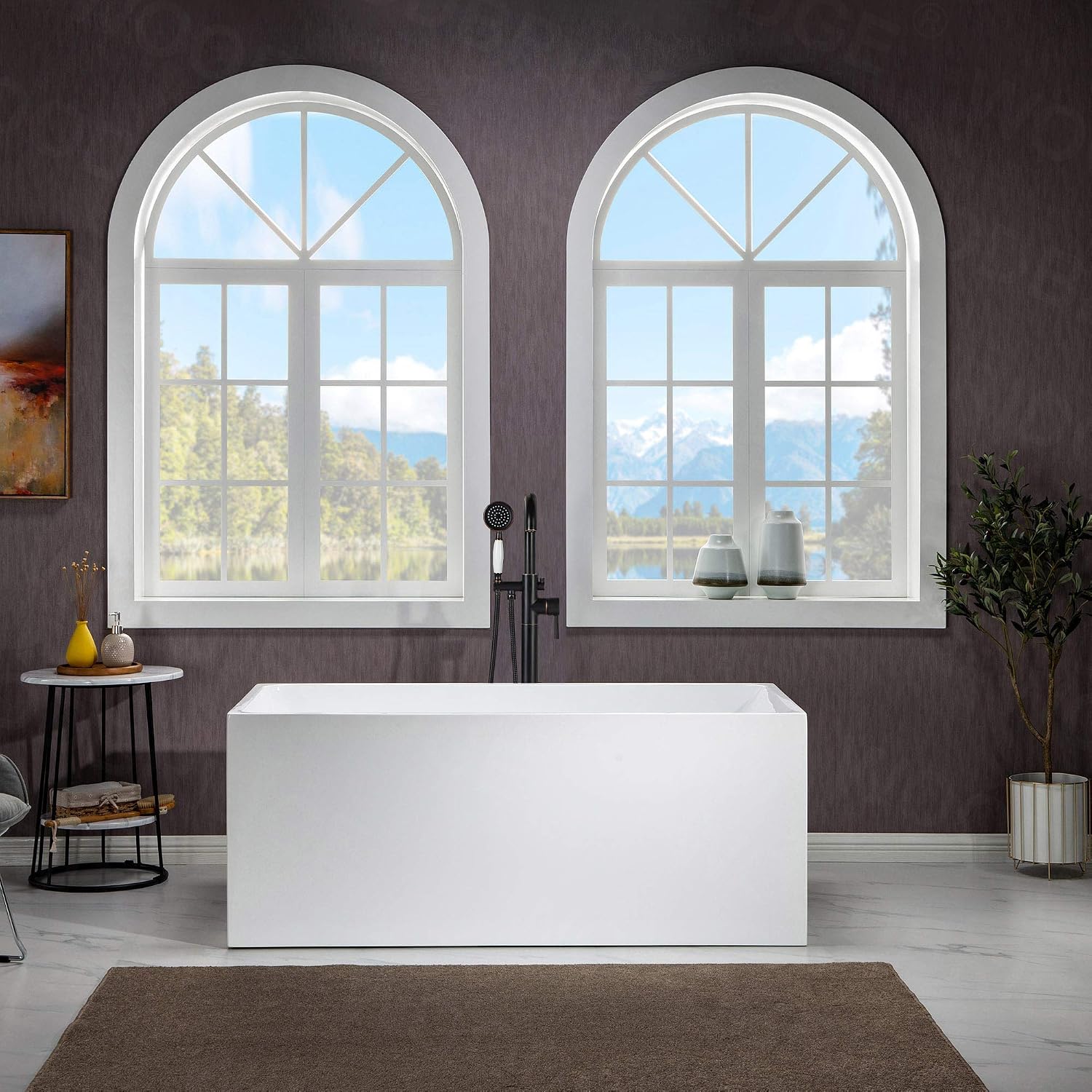 WOODBRIDGE 67' Acrylic Freestanding Bathtub Contemporary Soaking White Tub with Oil Rubbed Bronze Overflow and Drain，B0086-ORB-Drain&O