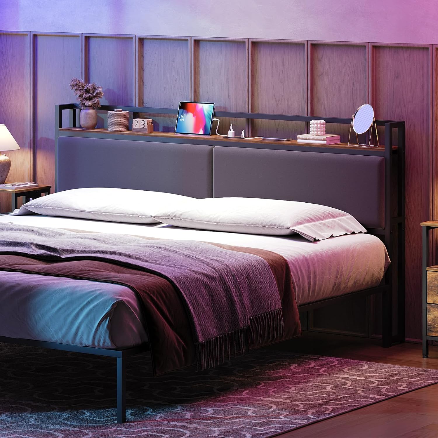 YATINEY King Size Headboard with Storage Shelves, Upholstered Headboard with Charging Station, Height Adjustable, Sturdy and Stable, Vintage Style, Rustic Brown, Gray and Black