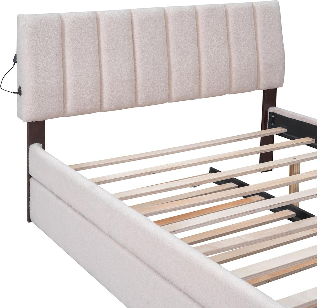 Ball & Cast Full Szie Upholstered Bed Frame with LED Light and Trundle,Teddy Fleece Platform Bed w/Channel Tufted Headboard &Wooden Slats Support,No Box Spring Needed, for Bedroom,Beige