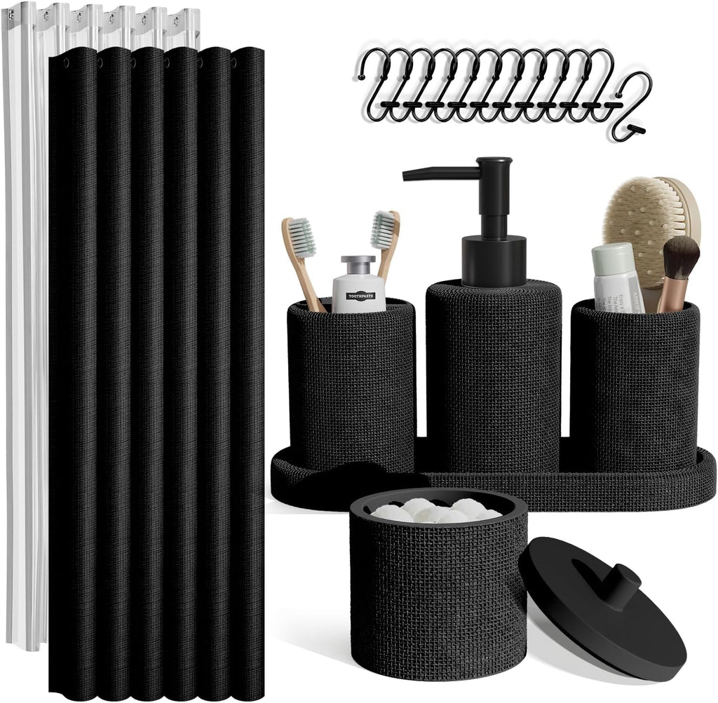 Hearth & Harbor Bathroom Set - Black Bathroom Accessories Set, 19PC Bathroom Accessory Set, Bathroom Sets with Shower Curtain Set, Soap Dispenser & Toothbrush Holder