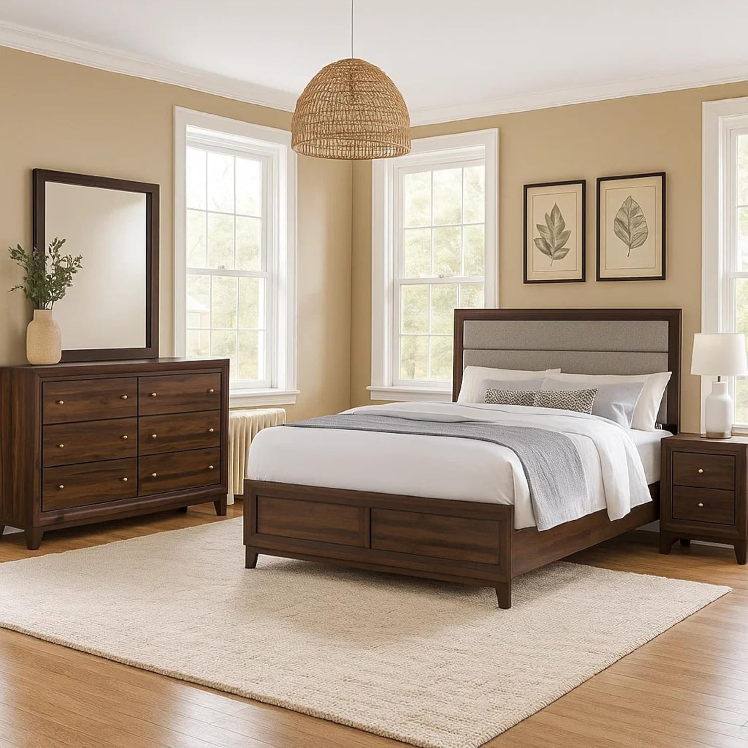 Benzara Yels 4 Piece Queen Bedroom Set, Gray Upholstery, Walnut Brown Wood