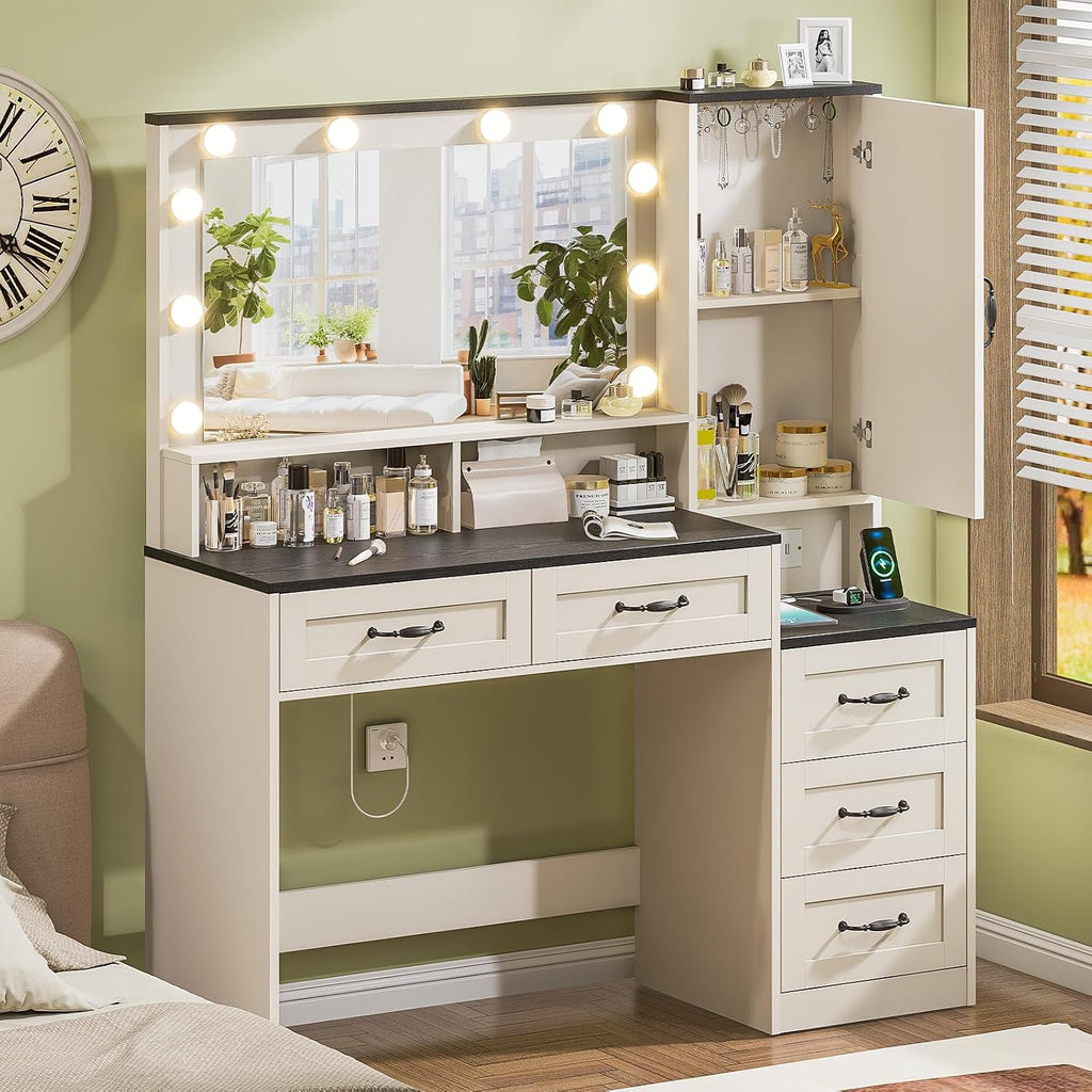 Farmhouse Vanity Desk with Mirror and 10 Led Lights, 45.3 ' Large Makeup Vanity Table with Power Outlet, 5 Drawers and 1 cabinet, Vanity Set Dressing Table with 9 Hooks for Women Girls (White+Black)