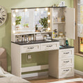 Farmhouse Vanity Desk with Mirror and 10 Led Lights, 45.3 ' Large Makeup Vanity Table with Power Outlet, 5 Drawers and 1 cabinet, Vanity Set Dressing Table with 9 Hooks for Women Girls (White+Black)