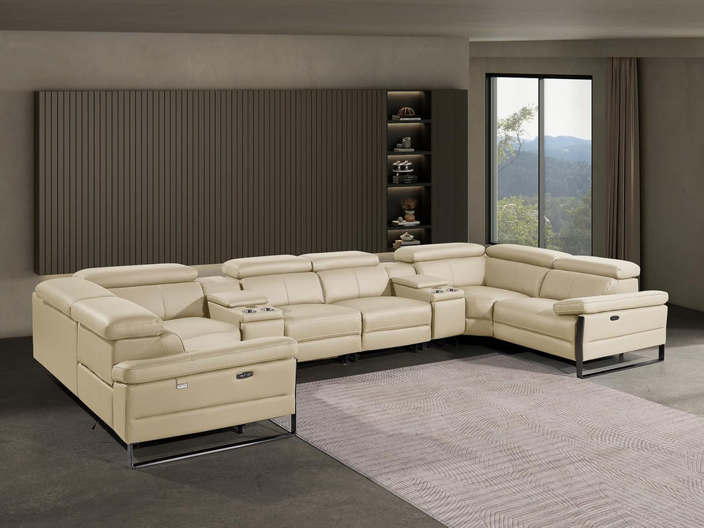 BlackJack Furniture Antonio 8 Piece U Shaped Power Reclining Sectional Sofa, Modular Couch with Top Grain Italian Leather, 4 Electric Recliners, USB & Wireless Chargers, Storage Console, Beige