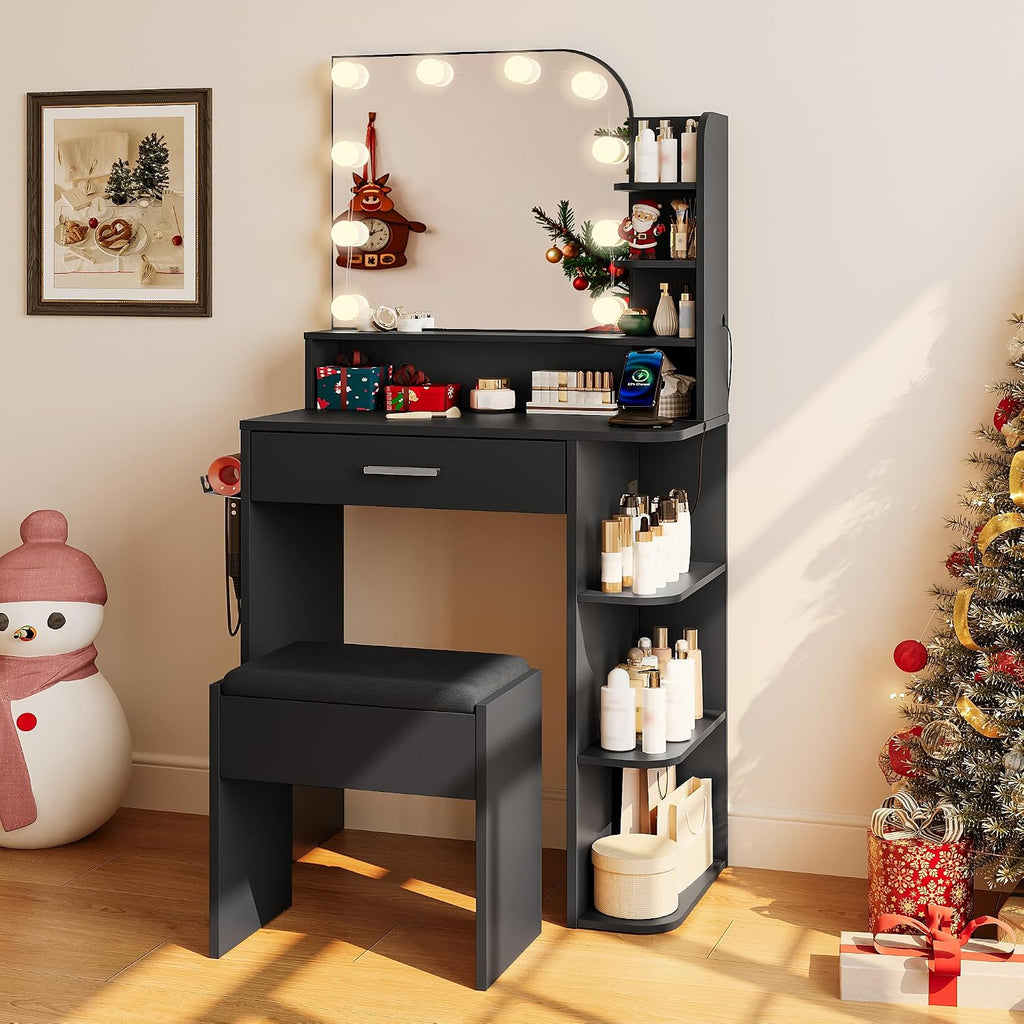 wanan Makeup Vanity with Chair, Small Vanity Desk with Mirror and Lights 3 Colors, Girls Vanity Set with Power Outlet, Compact Vanity Table for Small Space, Black