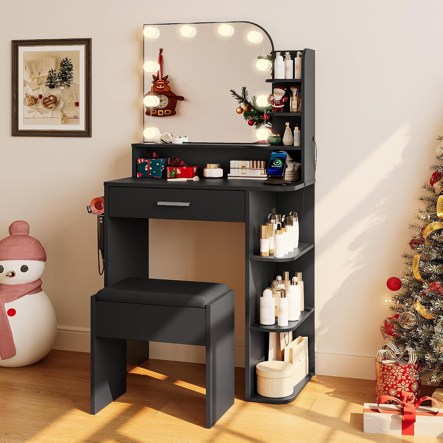wanan Makeup Vanity with Chair, Small Vanity Desk with Mirror and Lights 3 Colors, Girls Vanity Set with Power Outlet, Compact Vanity Table for Small Space, Black