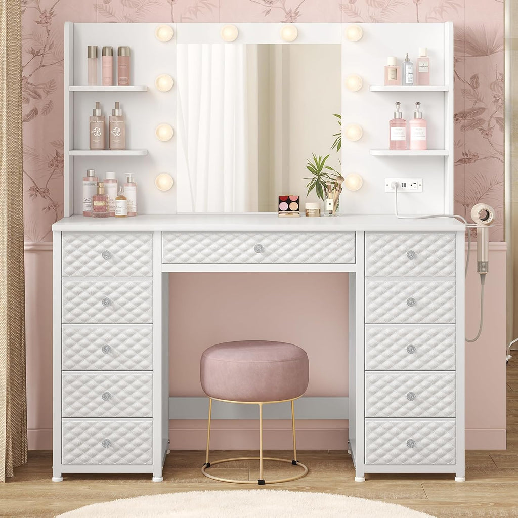 HAUOMS Vanity with Lights and Mirror, 11 Drawer Makeup Vanity with Power Strip, 6 Open Shelves, 43.3' Vanity Desk with Storage, Dressing Table with 3 Color Modes for Bedroom, Women, Girls (White)