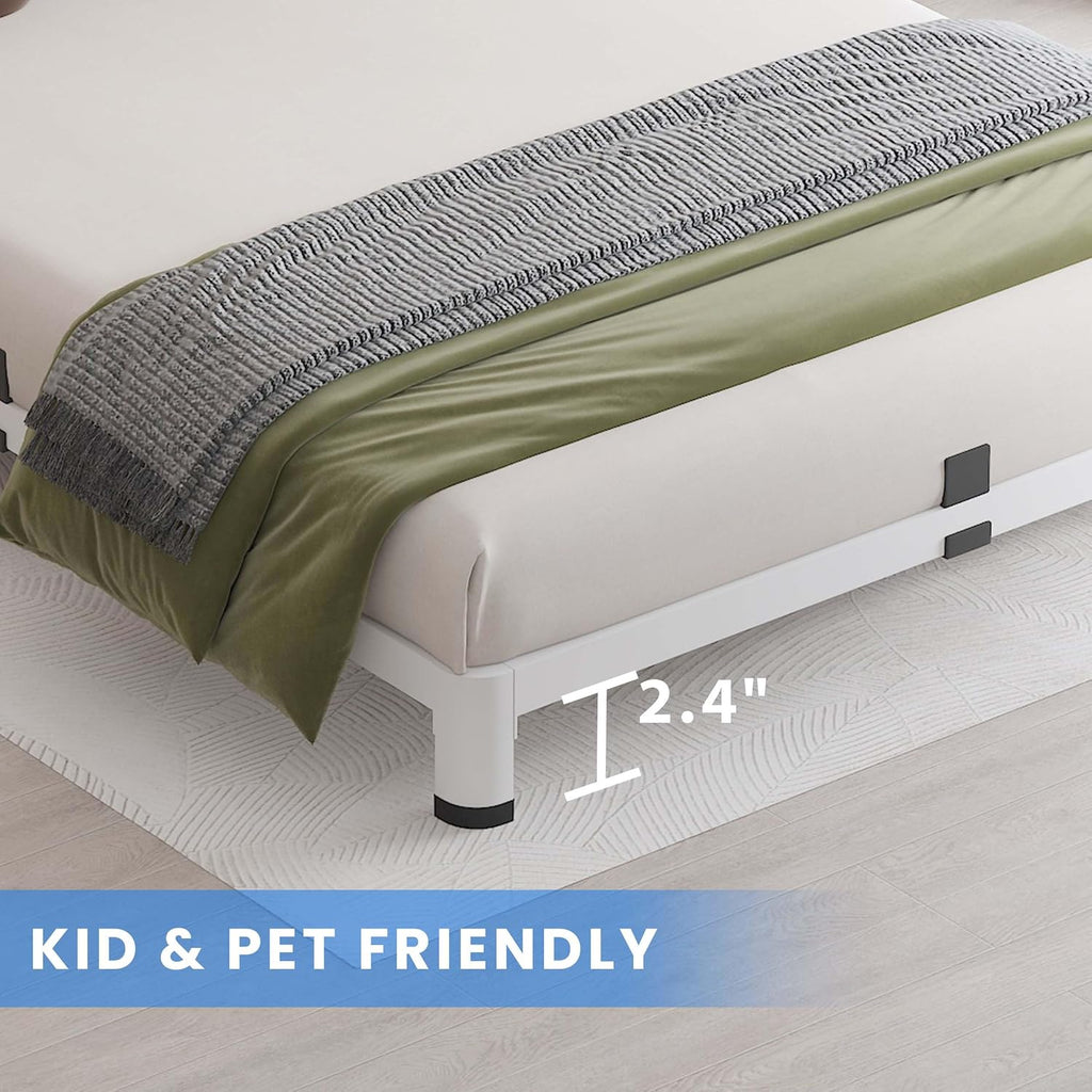 MAF 4 Inch Full Size Metal Platform Bed Frame White with Round Corner Legs, Mattress Slide Stopper, 3000 LBS Heavy Duty Steel Slats Support, Noise Free, No Box Spring Needed, Easy Assembly