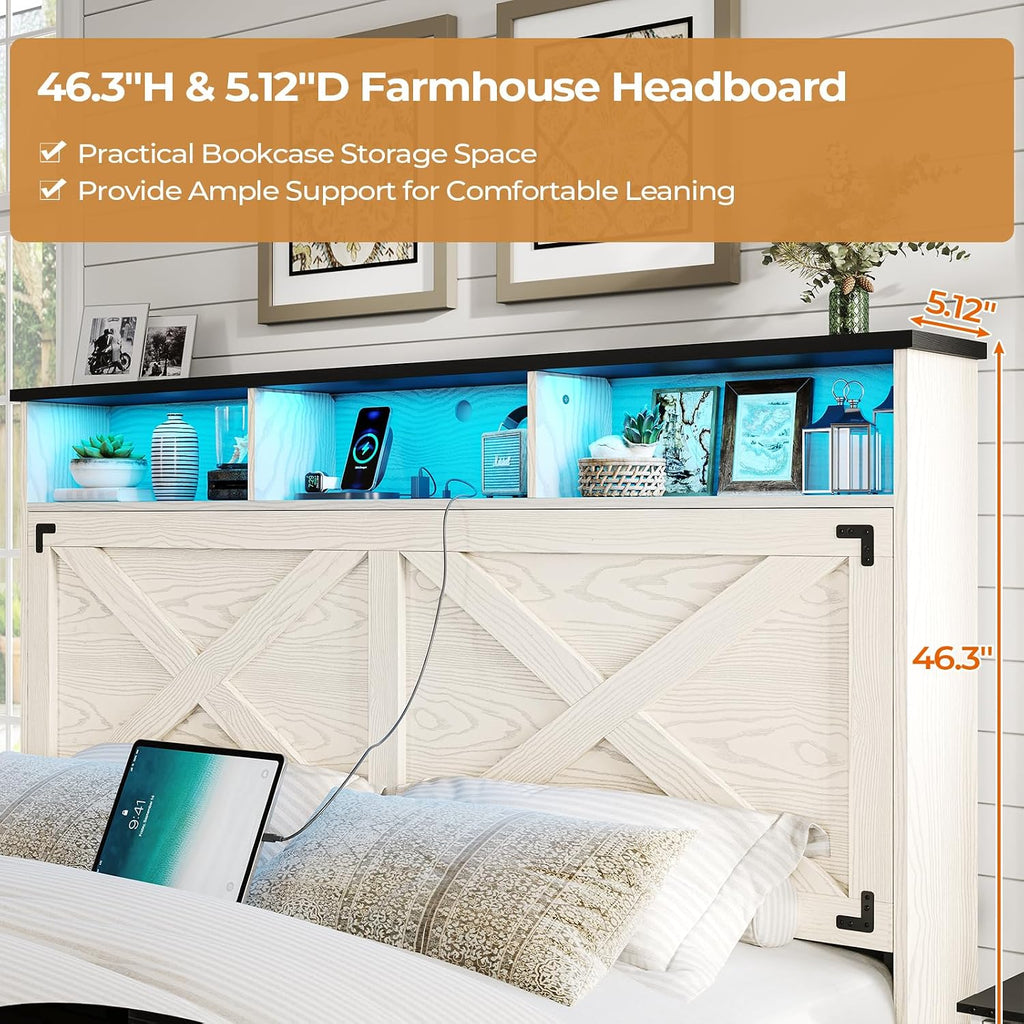 DICTAC Farmhouse Queen Bed Frame with Storage Headboard, Charging Station and LED Lights Wood Platform Bed Frame Queen Size with Storage Ottoman,Metal Slats Support,No Box Spring Needed, Antique White