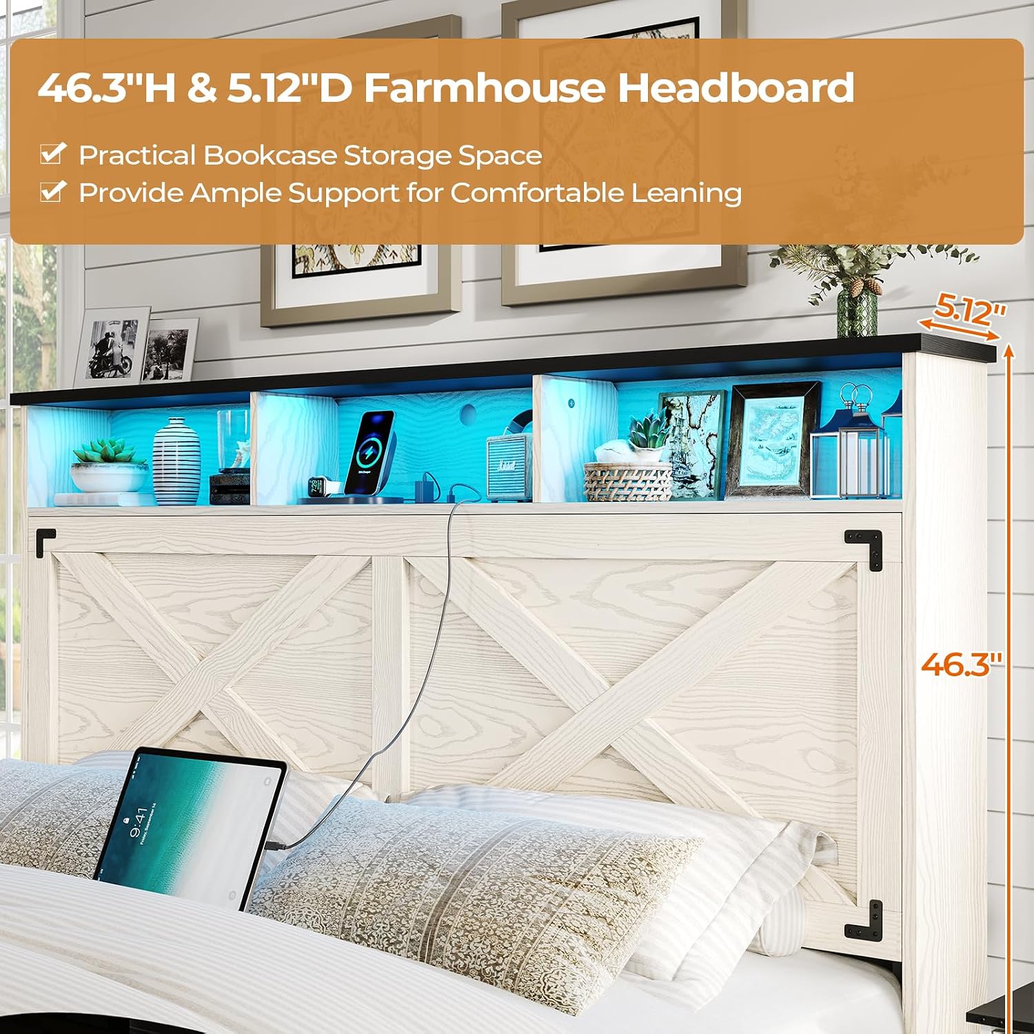 DICTAC Farmhouse Queen Bed Frame with Storage Headboard, Charging Station and LED Lights Wood Platform Bed Frame Queen Size with Storage Ottoman,Metal Slats Support,No Box Spring Needed, Antique White
